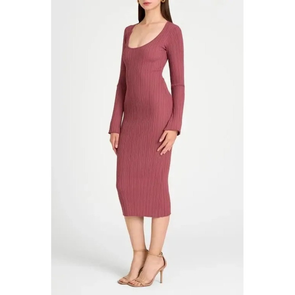 Wayf Dress Womens‎ Medium Mauve Pink Ribbed Knit Scoop Neck Midi Bodycon Sweater